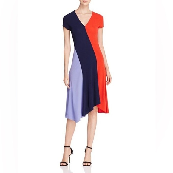NWOT Tory Burch Color Block Asymmetrical V-Neck Dress Orange Blue XS - Picture 1 of 6